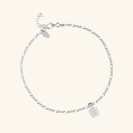 Initial Square Charm Figaro Chain Anklet Silver